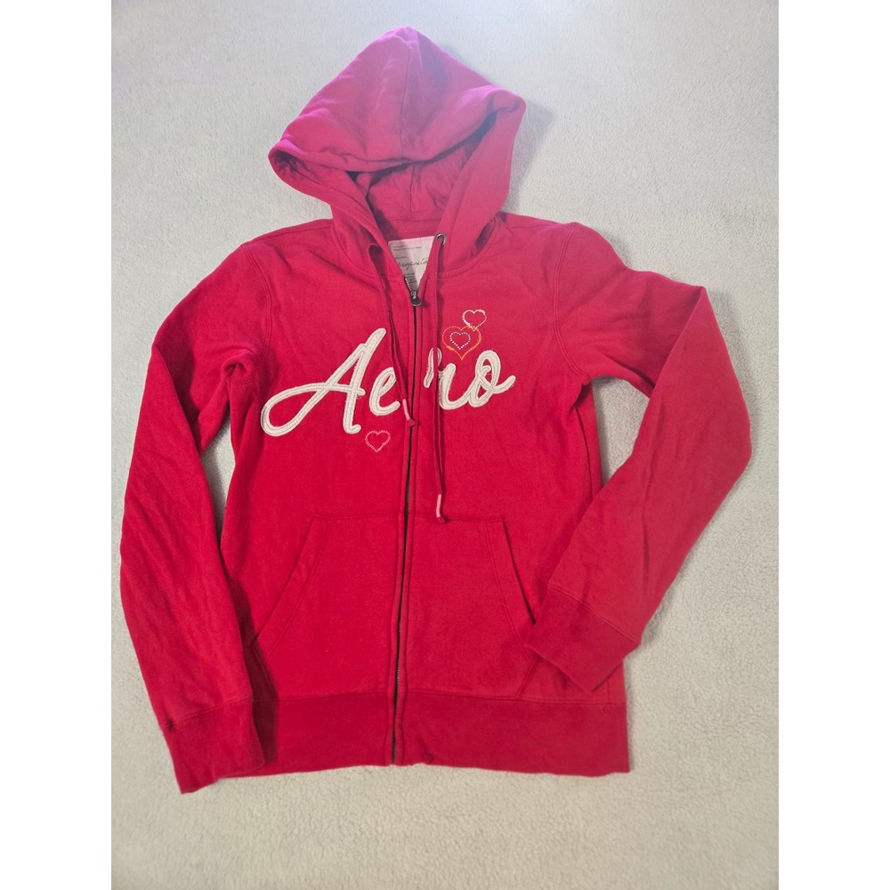 Aeropostale Red Full Zip Hoodie Embroidered Hearts Graphic Sweatshirt M Medium